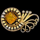 Vintage Art Deco Swirl Citrine Colored Czech Crystal Rhinestone Brooch Pin