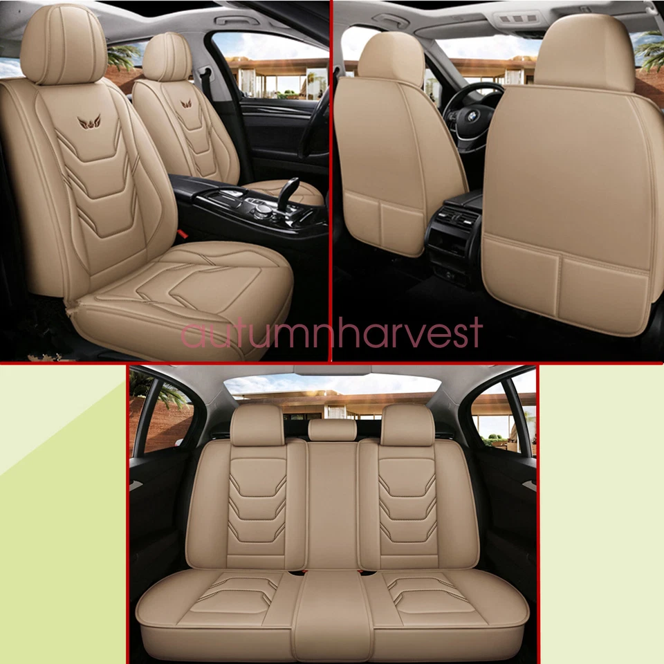 For Hyundai Leather Car 5-Seat Cover Front & Rear Seat Protector Beige - Image 2 of 4