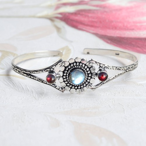 Labradorite & Garnet Gemstone 925 Sterling Silver Handcrafted Bangle For Women - Picture 3 of 7
