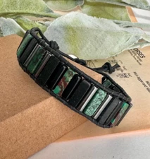 Beaded Black Leather Wrap Bracelet with Green/Blue Turquoise - Free Expression