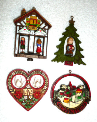 4 VTG HALLMARK SPINNER CHRISTMAS ORNAMENTS 1970s Tree-Village-Heart- Chalet