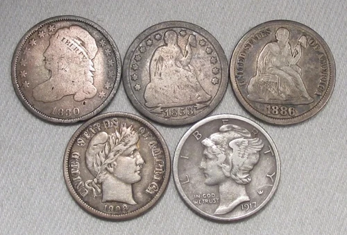 1830-1917 Bust, Seated, Barber & Mercury Silver Dime Type Lot AQ289