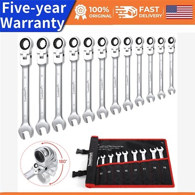 12PCS Flex-Head Wrench Set Ratcheting Combination Set Metric 8-19mm Steel Ratche