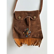 Vintage Brown Suede Leather Fringe Beaded Shoulder Bag Small Pouch Southwestern