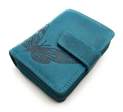 Jockey Club echt Leder Geldbörse Portemonnaie Geldbeutel Schmetterling petrol