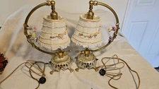 VTG French Ormolu Porcelain Flowers Tole Toleware Boudoir Gold Circle Lamps Pair