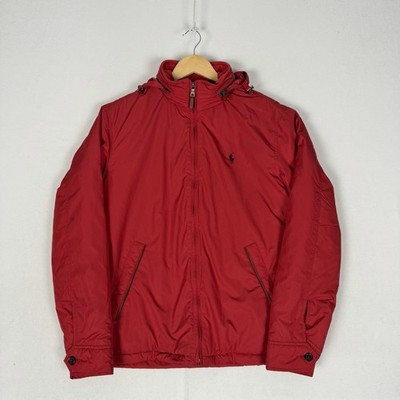 Polo Ralph Lauren Jacke durchgehender Reißverschluss Kapuze Lederbesatz Windbreaker Herren Small