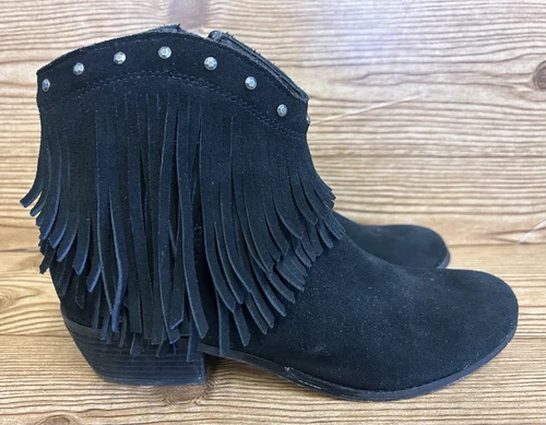 Minnetonka BANDERA Black Suede Leather Fringe Boho Western Ankle Boots sz 8