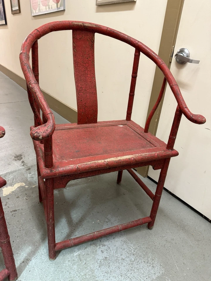 Vintage Chinese Ming Style Horseshoe Chairs w Red Paint - Image 4 of 4