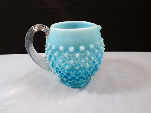 Fenton Blue Opalescent Glass Hobnail Squat Pitcher 4 1/4" Tall - Picture 8 of 8