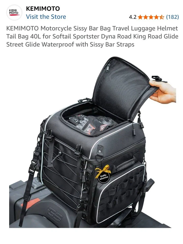 KEMIMOTO Motocicleta Sissy Bar Bolsa Equipaje de Viaje Casco Bolsa Trasera 40L para Softail Foto 4 de 4
