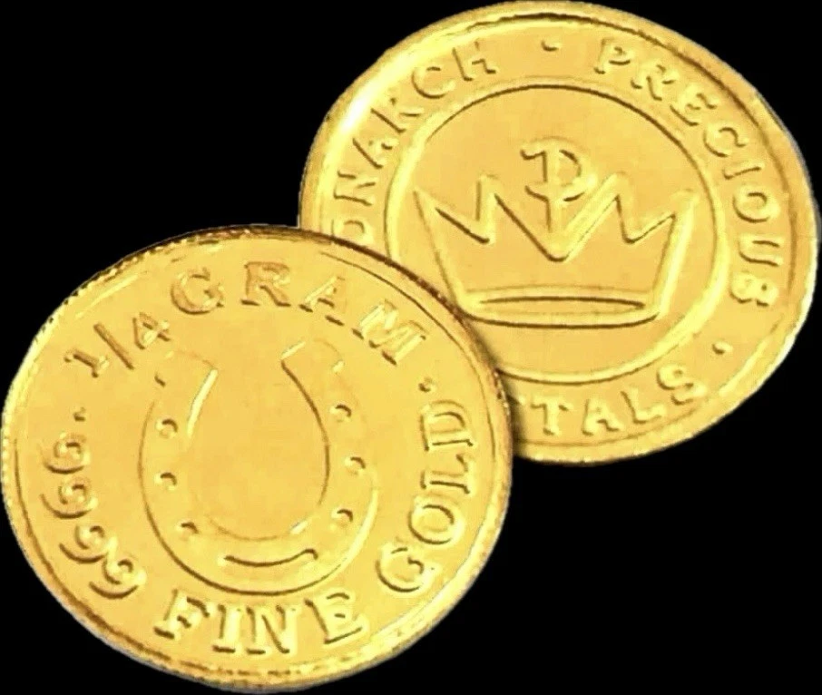 LOT X 2 MONARCH LUCKY HORSESHOE 1/4 GRAM .9999 FINE GOLD ROUNDS IN CAPSULE BU - Image 2 of 4