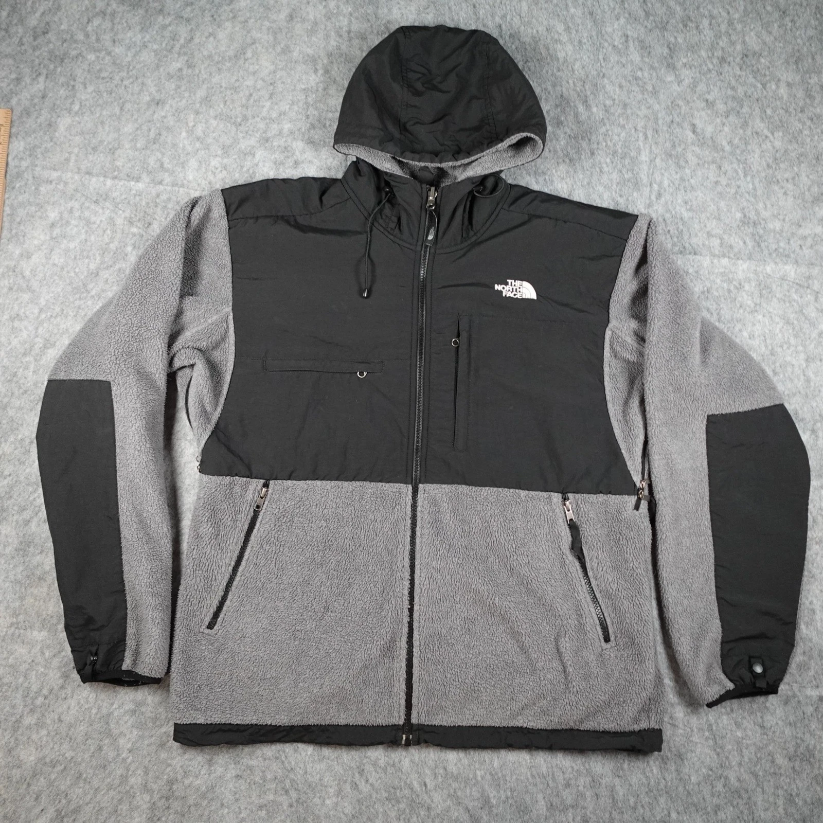 The North Face Jacket Mens Large Grey Black Polartec Fleece Hooded Denali Zip Up