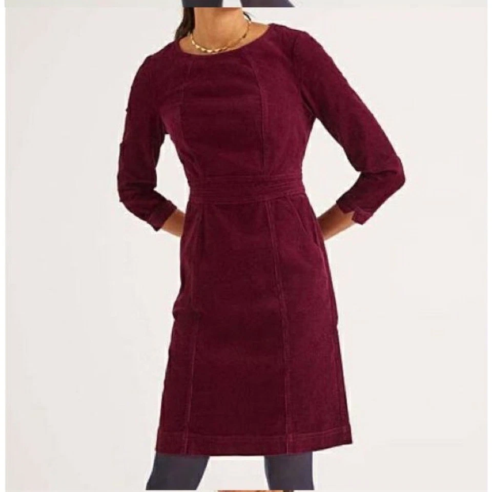 Vestido Boden Coraline Pana Manga 3/4 con Bolsillos Borgoña Profundo Talla 10 Foto 2 de 4