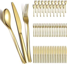 Gold Wedding Silverware Set 60pcs Service for 20, Titanium Plating Stainless