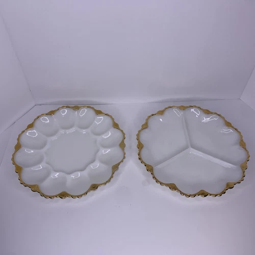 Vintage Anchor Hocking White Milk Glass Deviled Egg Dish &Plate Platter Gold Rim