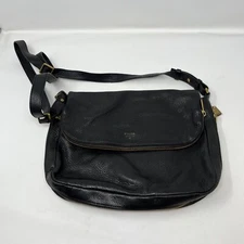 Women's Fossil Fold Over Crossbody Bag Purse Black Leather Flap Pebbled