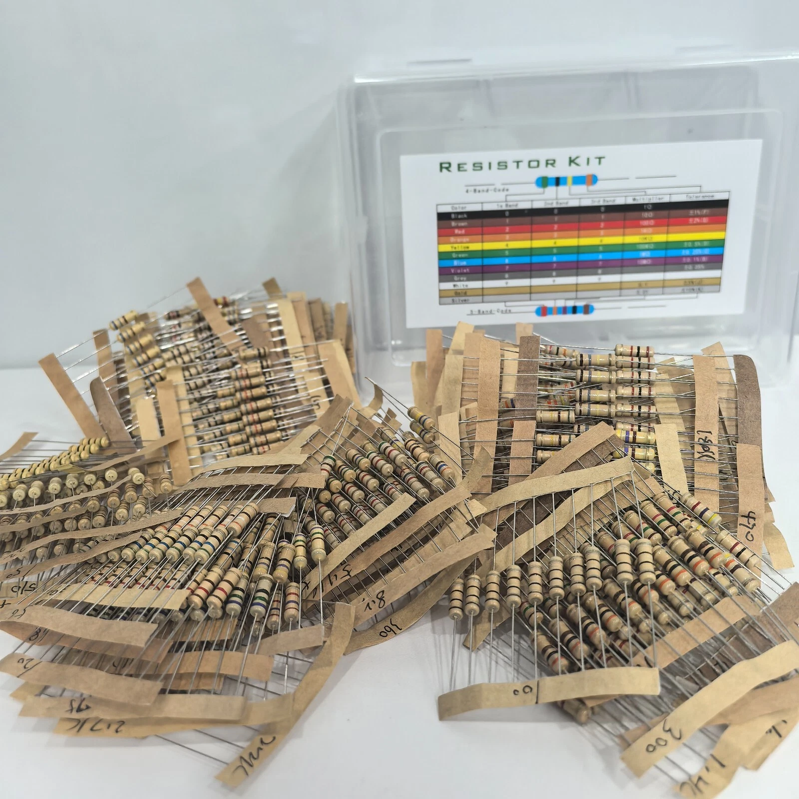 Stacks of brown cylindrical carbon film resistors with metal leads, some with white printed resistance values.