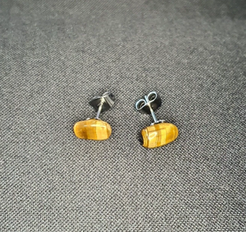 Natural Tiger's Eye Crystal Stone Chip Stainless Steel Stud Earrings Cute Gift - Image 2 of 4