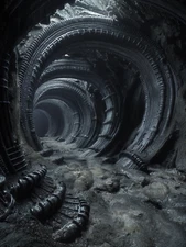 Biomechanical Tunnel with Ribbed Structures in Alien Cavern Poster 18x24in