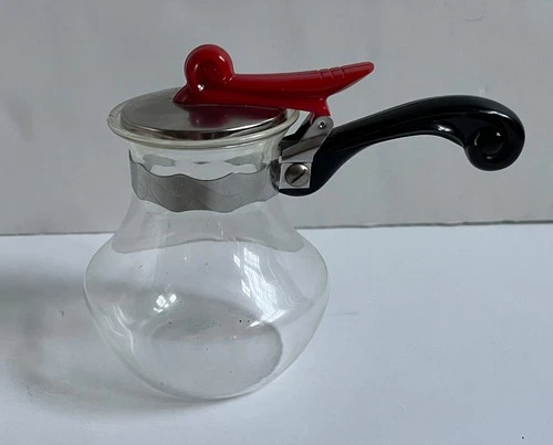 Vintage MCM PYREX Glass Mini Red & Black Syrup Pitcher Carafe Creamer Deco
