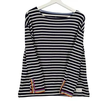 Talbots Women LargeP Rainbow Cuff Navy Nautical Stripe Long Sleeve Boat Neck Top