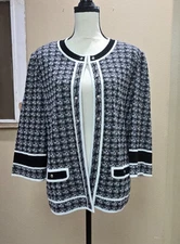 Ming Wang sz XL cardigan sweater 3/4 sleeves black white gray eye and hook