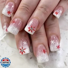 24Pcs Cute Winter Press on Nails Medium Square Fake Nails Red Sno