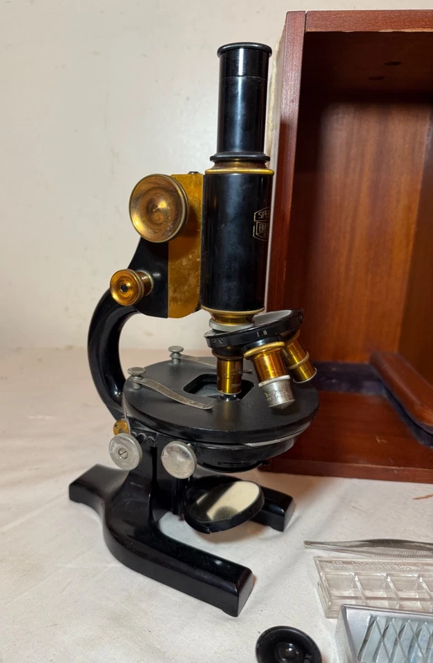 Antiguo lote latón A Spencer Buffalo laboratorio microscopio conjunto de instrumentos científicos Foto 3 de 4
