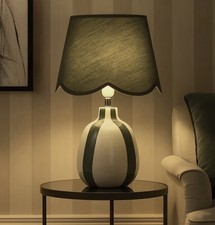 Image of Green Glazed Ceramic Table Lamp Speckled Base Wavy Cream Shade Living Room Light