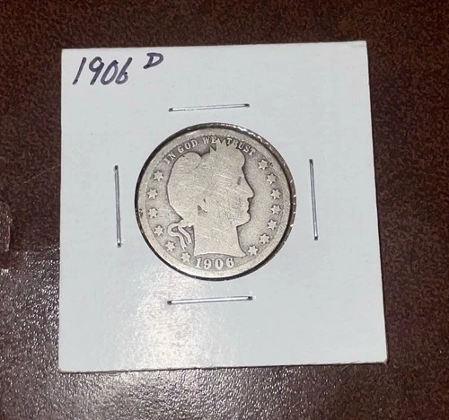 1906-D Barber Quarter Dollar.  90% Silver Coin