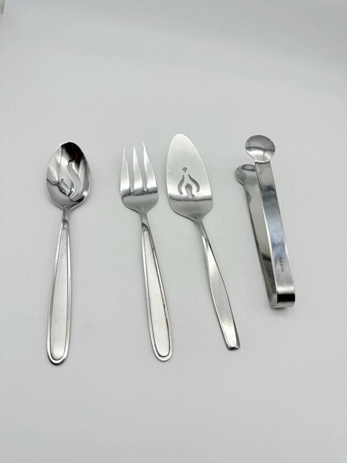 3 Oneida Serving Spoons & 1 Ice Tongs Stainless Flatware