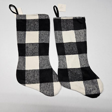 LOT OF 2 - PLAID CHRISTMAS STOCKING Black Grey Buffalo Print - Flannel Set - NEW