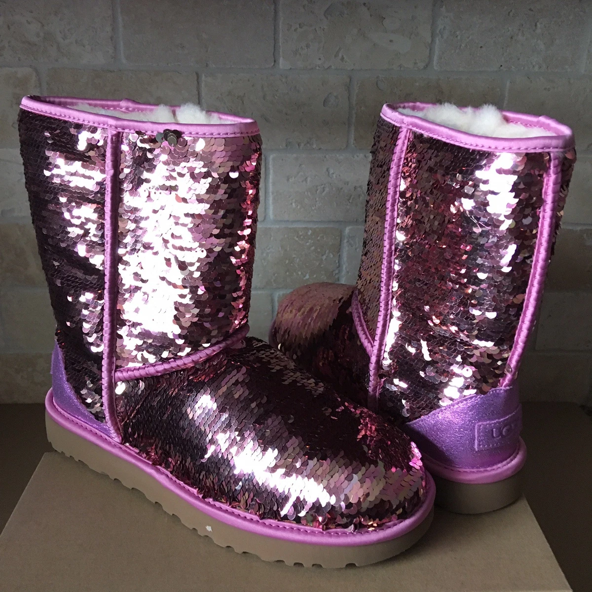 UGG Classic Short Pink Sparkles Sequin Sheepskin Boots Size US 7 Womens