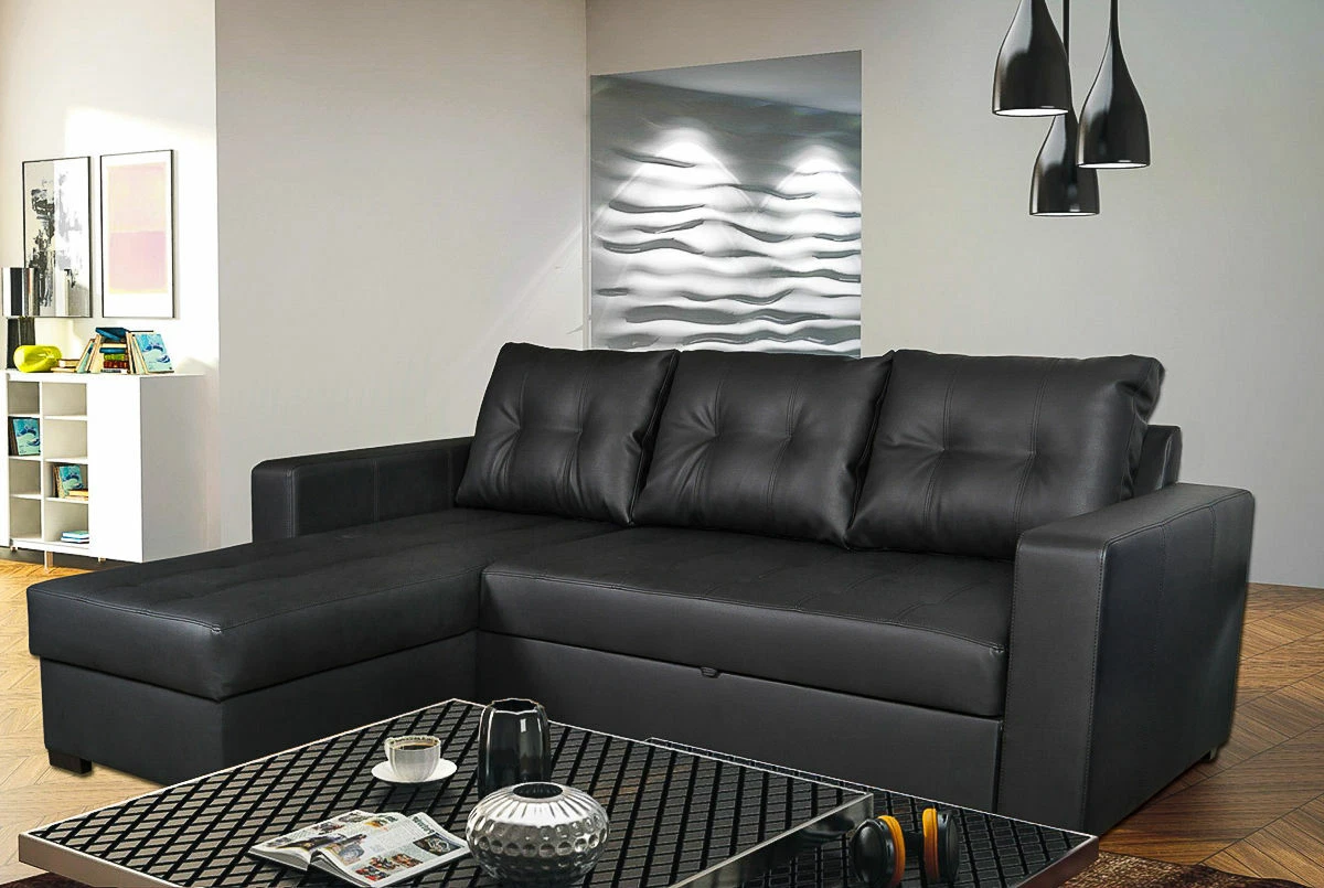 Gianni Corner Sofa Bed Faux Leather in Black Cream Brown Right or Left Corner