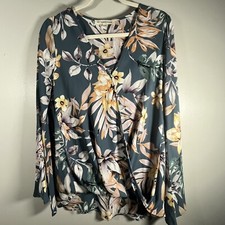 By Together Teal Feminine Floral Blouse Sz M Bell Ruffle Sleeve Top Lo High