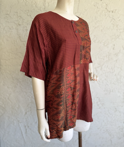 THAI Silk Tunic Top Burgudy Ikat Print Asian Art to Wear OSFA - Picture 5 of 6