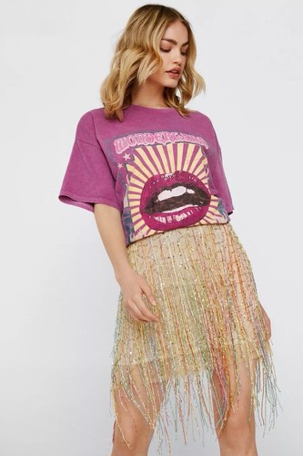 Nasty Gal Tassel Beaded Metallic Mini Skirt Multicolored Size 16 NWT