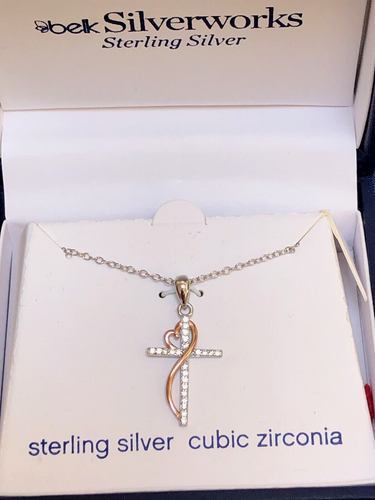 *NEW* Sterling Silver DESIGNER belk Silverworks CZ Rose Gold Cross 18" Necklace - Picture 4 of 5