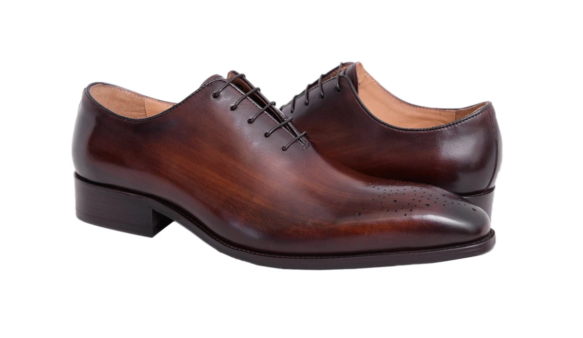 Carrucci Mens Brown Chestnut Whole Cut Oxford Leather Dress Shoes