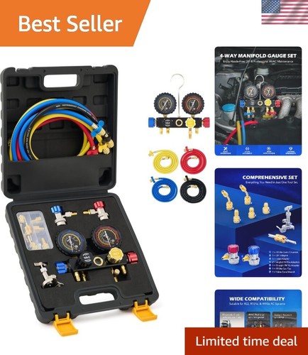 4 Way AC Gauge Set Brass 4 Valve Automotive Manifold with 5ft Hoses R410a R22...