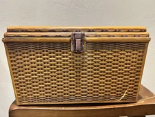 Vintage Wilson WIL-HOLD Plastic Faux Wicker Basketweave Sewing Box 2 Trays Gold
