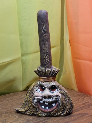 Vintage Hand Painted Ceramic Witches Window Broom 2 Sided Faces Halloween Silly