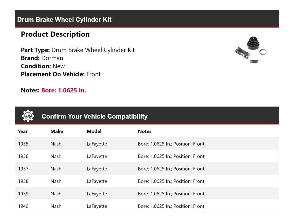 Kit de cilindro de rueda de freno de tambor delantero 1936 para Nash LaFayette Dorman 1935-1940 Foto 2 de 4