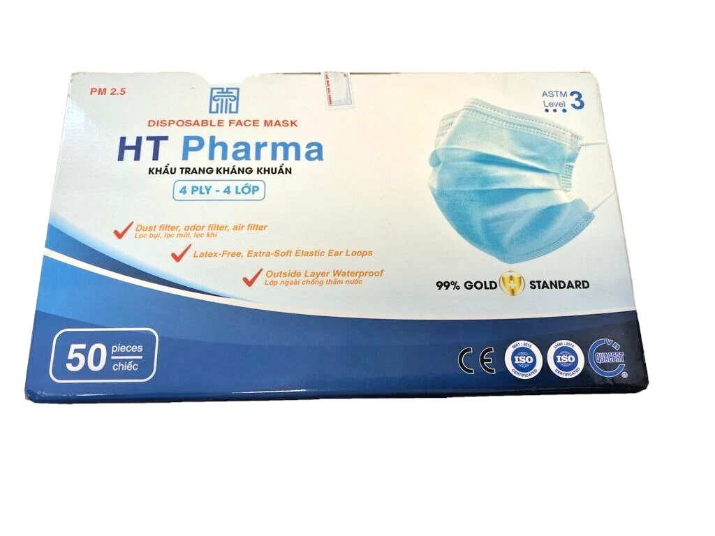 HT Pharma Antibacterial Latex-Free Ear-Loop Face Mask, 4-Ply, Case of 20/Bx