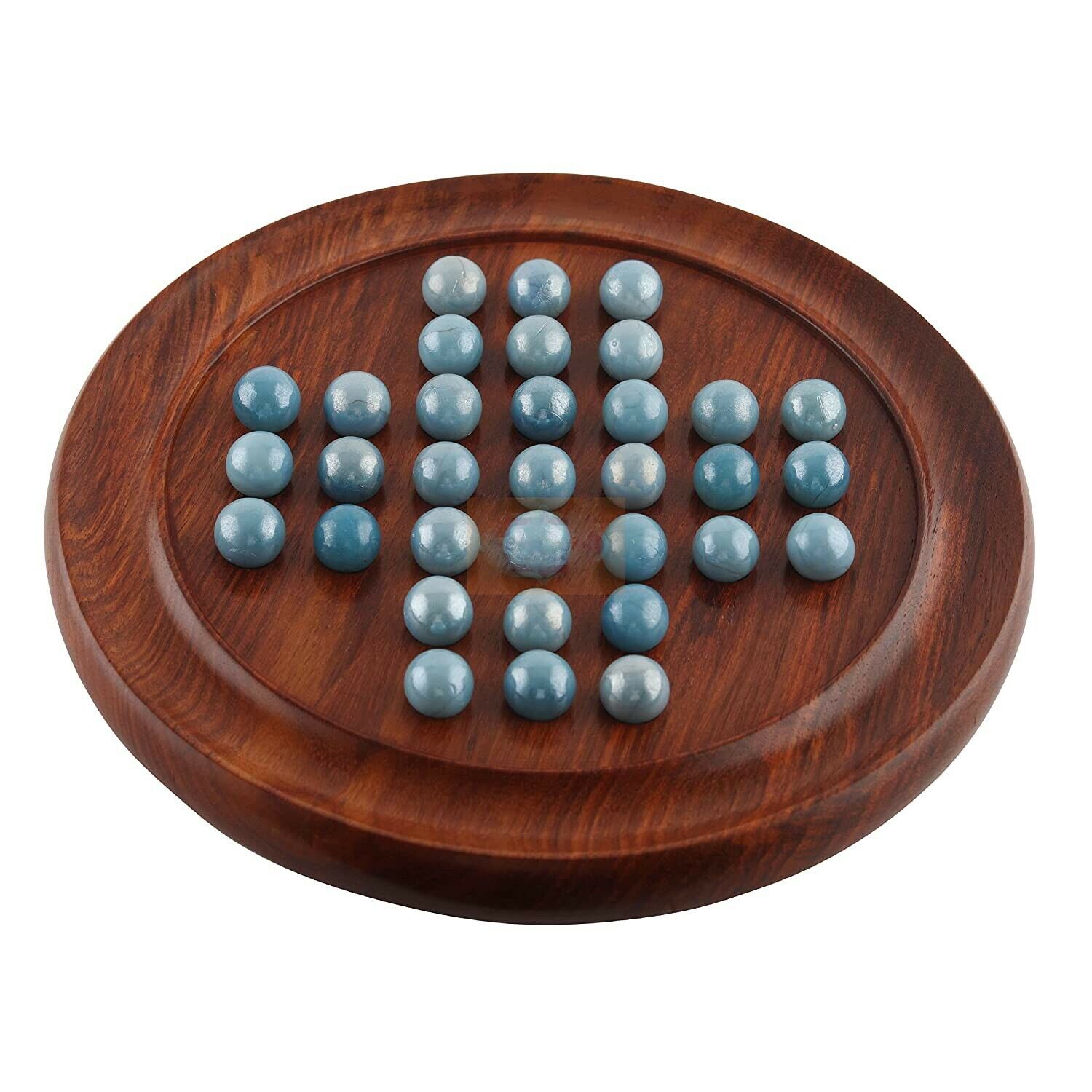 WE Games Solid Wood Solitaire with Blue Glass Marbles - 9 in. Diameter