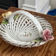 Vintage Capodimonte Porcelain Basket w/Handle Roses Italy by Nico Venzo