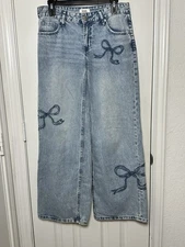 Simple Society Wide Leg Blue Bow Denim Jeans Women’s Juniors Sz 1 Coquette