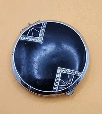 Vintage Art Deco Black Enamel Silver Tone Mirror Powder Dispenser Makeup Compact