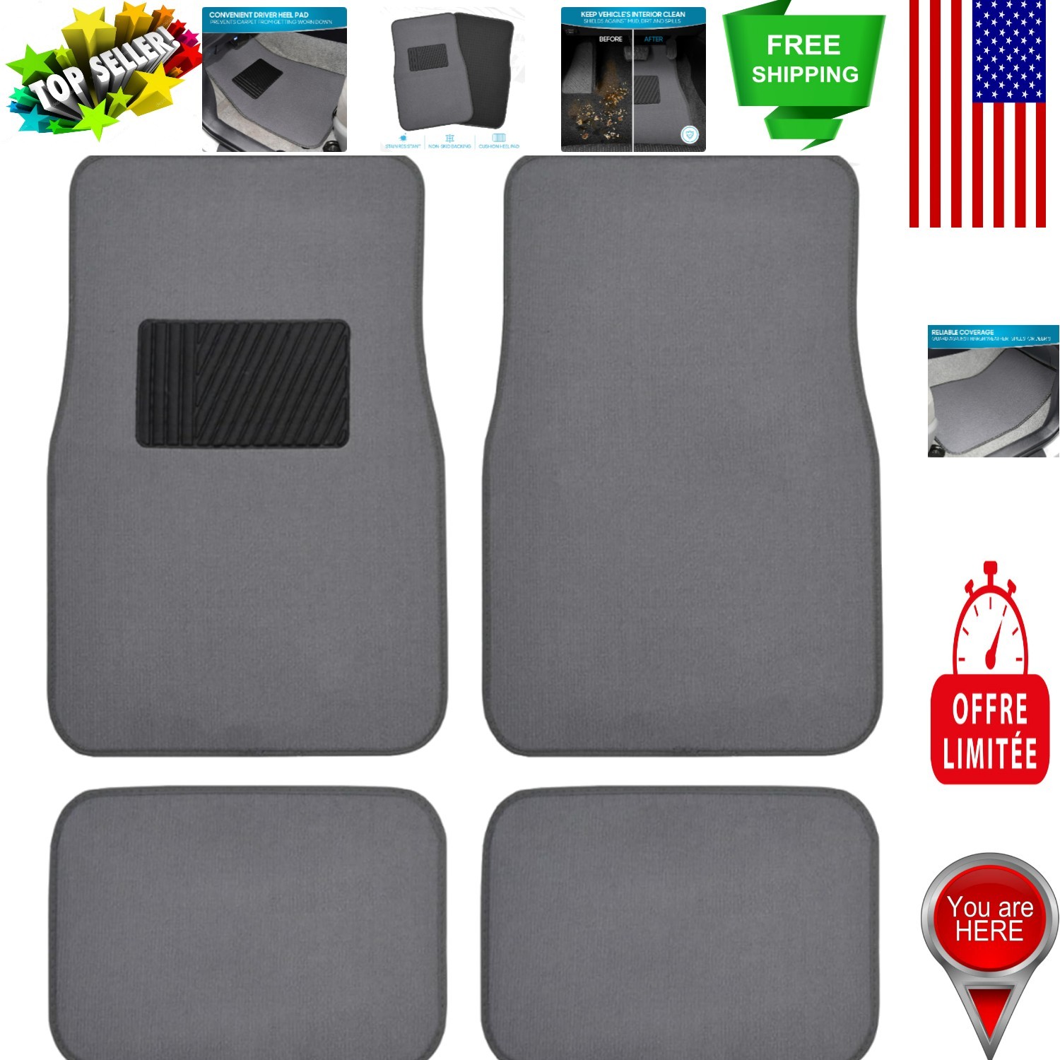 Medium Gray Universal Fit 4-Piece Car Mats with Non-Slip Grip Protection